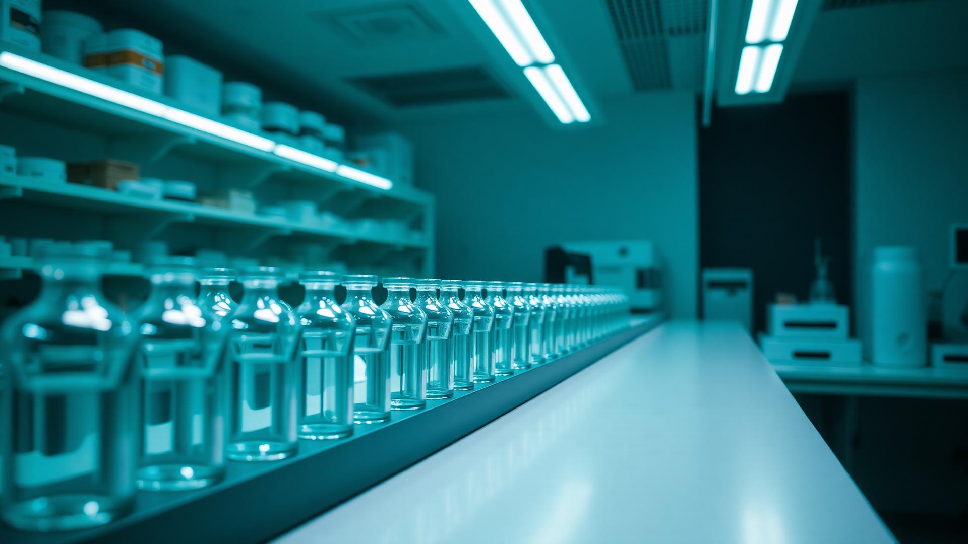 Pharmaceutical laboratory bench lined with glass vials