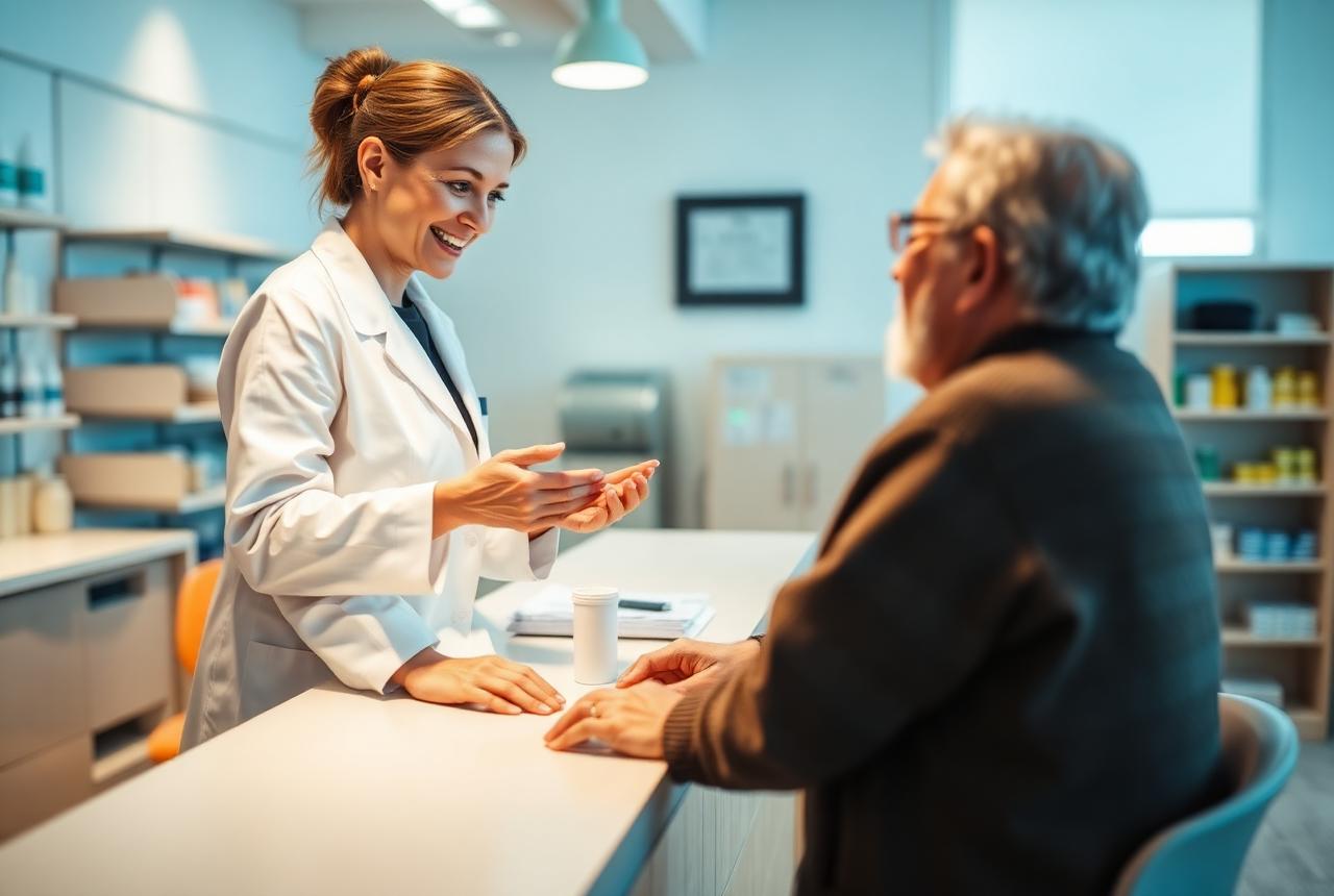 Pharmacist explaining a prescribed medicine to an elderly patient