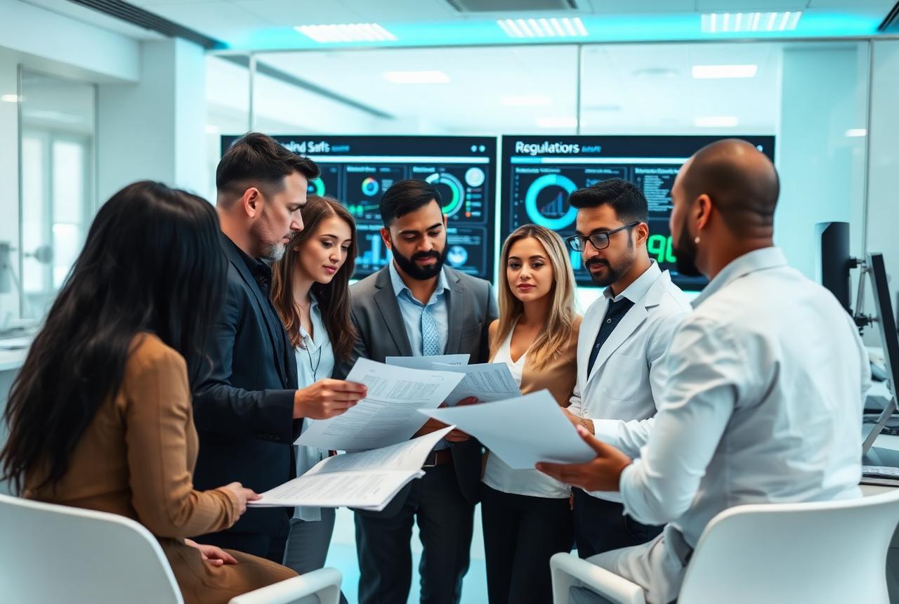 Regulatory affairs consultants reviewing submission documents together